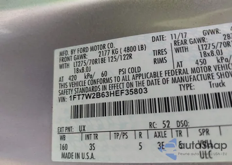 2017 Ford F-250 Xlt z USA, uszkodzony, nr VIN 1FT7W2B63HEF35803